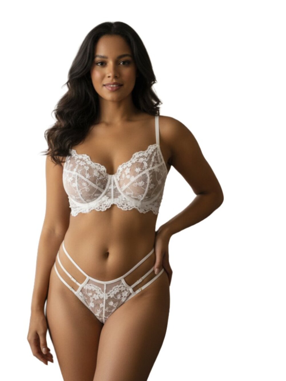 Mapale White Lace Lingerie Set XL Longline Bra Strappy Thong Bridal NWT
